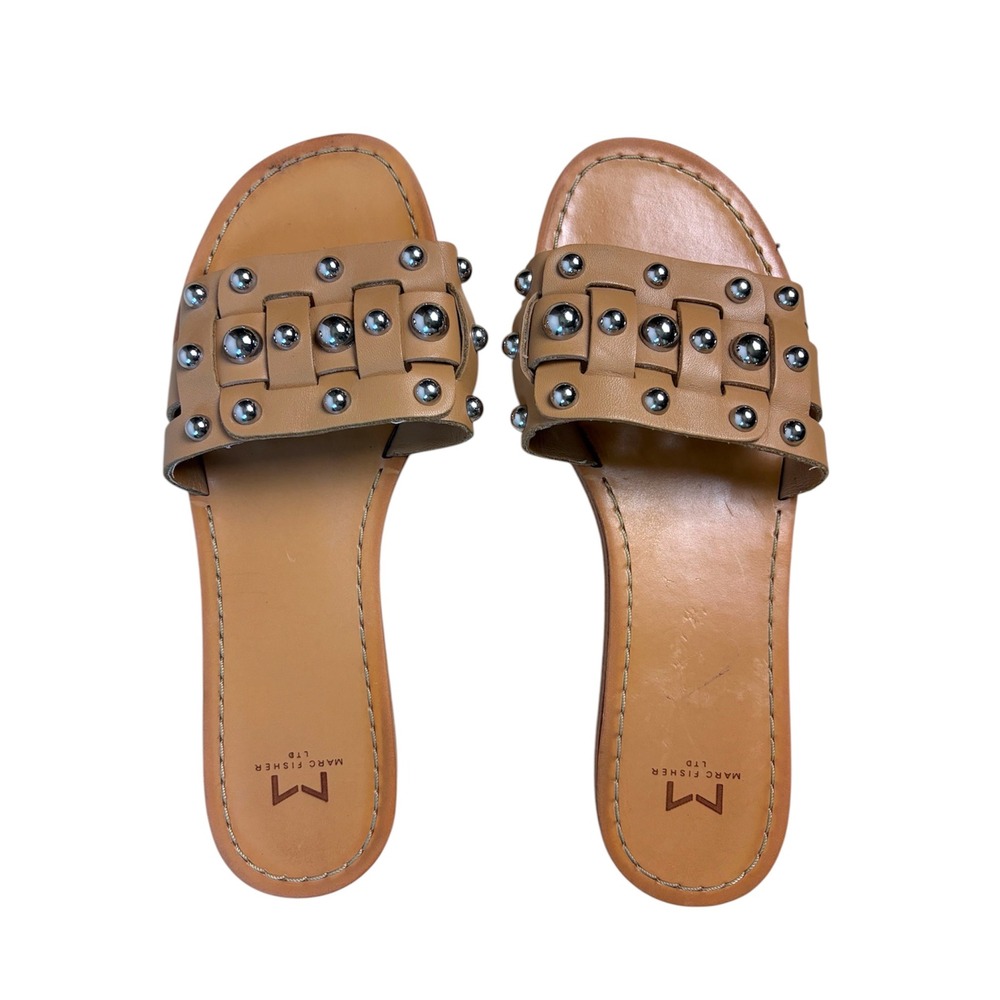Marc Fisher Woven Studded‎ Leather Slide Sandals Tan Silver 7.5